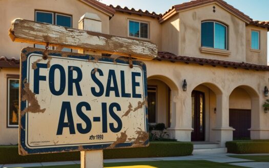 Weathered ‘For Sale As-Is’ sign in front of a two-story California-style stucco home with terracotta roof tiles and arched entryway