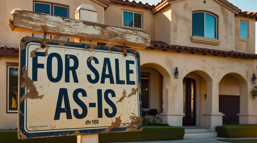 Weathered ‘For Sale As-Is’ sign in front of a two-story California-style stucco home with terracotta roof tiles and arched entryway