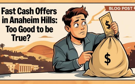 Illustration of a concerned homeowner holding a cash offer next to a money bag, with Anaheim Hills in the background – highlighting the risks of fast cash offers.