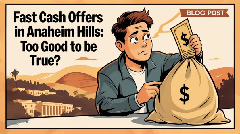 Illustration of a concerned homeowner holding a cash offer next to a money bag, with Anaheim Hills in the background – highlighting the risks of fast cash offers.