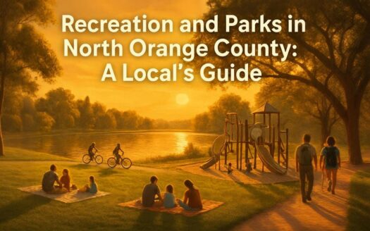 Family enjoying a sunset at a park in North Orange County with playground, lake, and biking trails