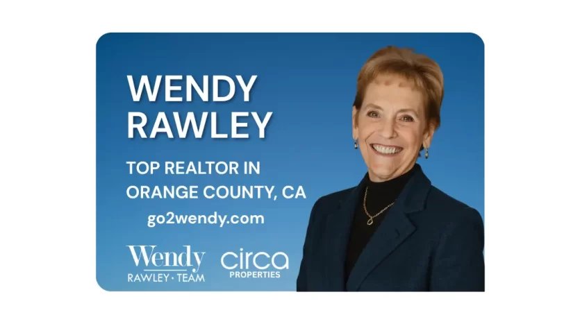 Professional headshot of Wendy Rawley, top real estate agent in Orange County, CA, with branding and website link go2wendy.com