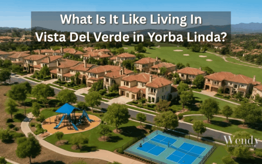 Aerial of Vista Del Verde, Yorba Linda—homes, greenbelts, playground and tennis courts near Black Gold Golf Club.