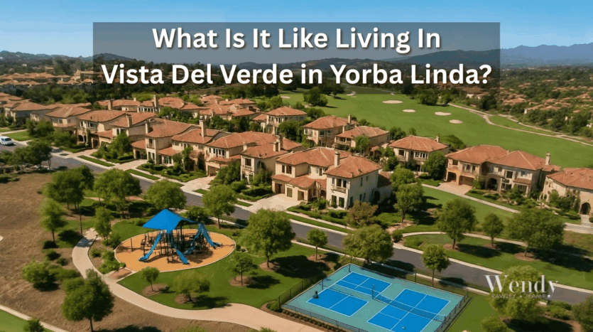 Aerial of Vista Del Verde, Yorba Linda—homes, greenbelts, playground and tennis courts near Black Gold Golf Club.