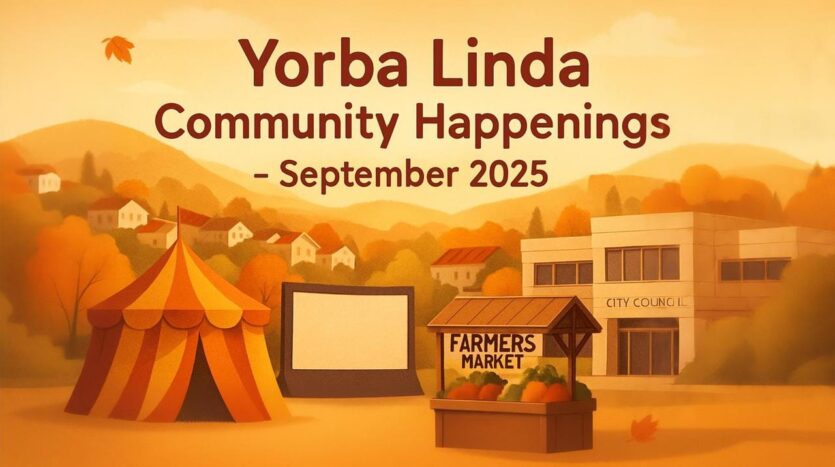 Illustrated fall scene promoting Yorba Linda community happenings September 2025, featuring a circus tent, outdoor movie screen, farmers market stand, and City Council building