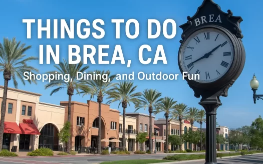 Downtown Brea CA street with palm trees, shops, and decorative clock under blue sky, promoting things to do in Brea.