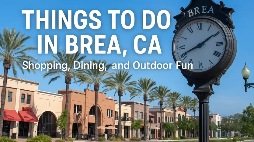 Downtown Brea CA street with palm trees, shops, and decorative clock under blue sky, promoting things to do in Brea.