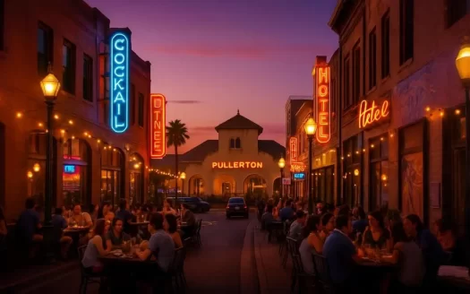 Downtown Fullerton (DTF) at night with neon signs, outdoor dining, and the historic Fullerton Train Depot in the background.