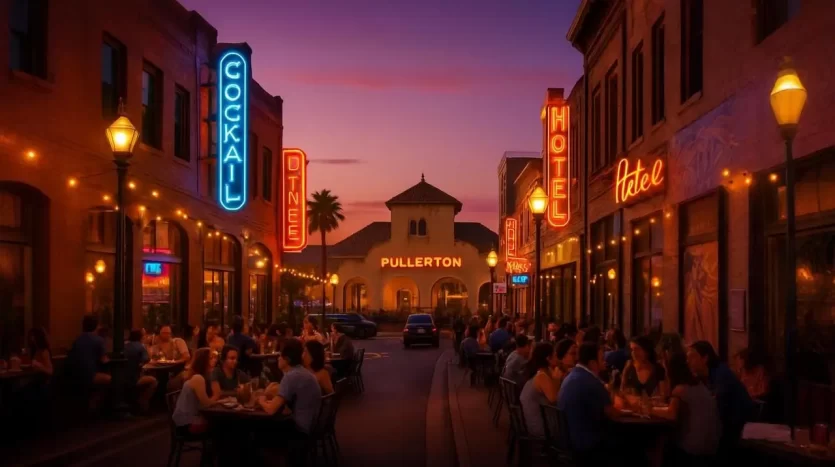 Downtown Fullerton (DTF) at night with neon signs, outdoor dining, and the historic Fullerton Train Depot in the background.