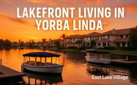 Sunset over East Lake Village in Yorba Linda with Duffy boats and waterfront homes reflected on the lake.