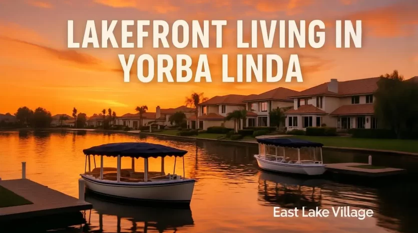 Sunset over East Lake Village in Yorba Linda with Duffy boats and waterfront homes reflected on the lake.