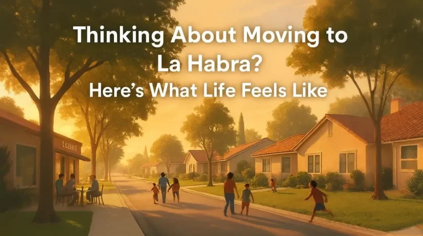 Families walking and playing in a quiet suburban La Habra neighborhood at sunset with text overlay about moving to La Habra