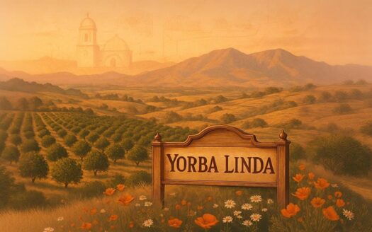 Historic illustration of Yorba Linda farmland with orange groves, mountains, and city sign