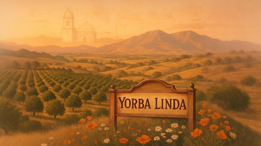 Historic illustration of Yorba Linda farmland with orange groves, mountains, and city sign