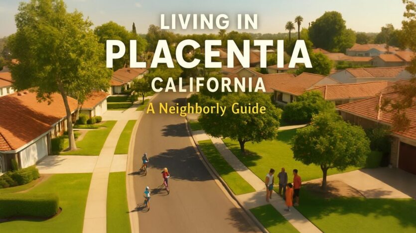 A sunny suburban street in Placentia, California with families walking and kids riding bikes, used as a thumbnail for a lifestyle guide.