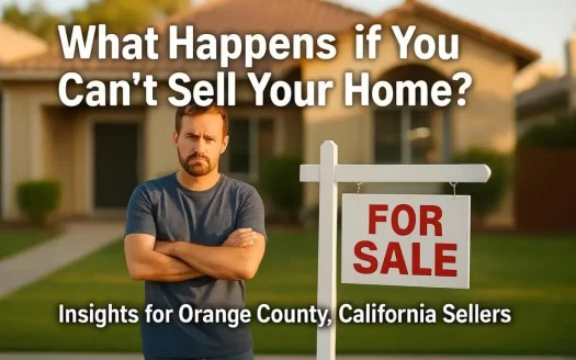 Frustrated man standing with arms crossed in front of a house with a “For Sale” sign, representing challenges in selling a home in Orange County, California.