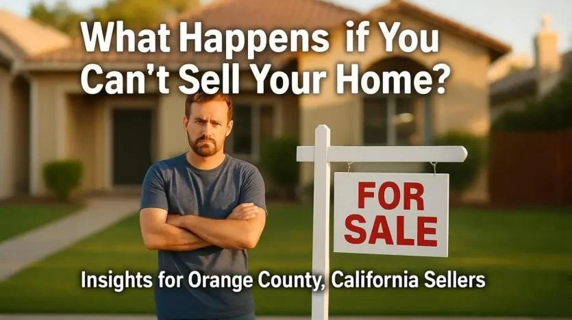 Frustrated man standing with arms crossed in front of a house with a “For Sale” sign, representing challenges in selling a home in Orange County, California.