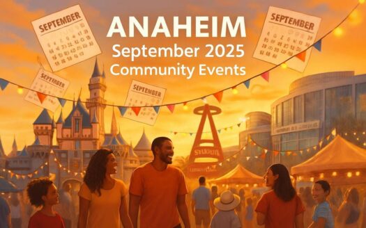 Families at a sunset street fair in Anaheim with banners and tents; text reads “Anaheim — September 2025 Community Events.”