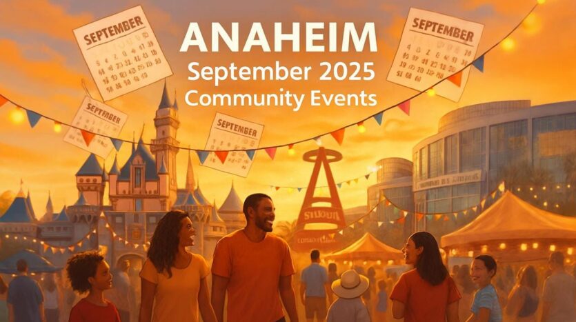 Families at a sunset street fair in Anaheim with banners and tents; text reads “Anaheim — September 2025 Community Events.”