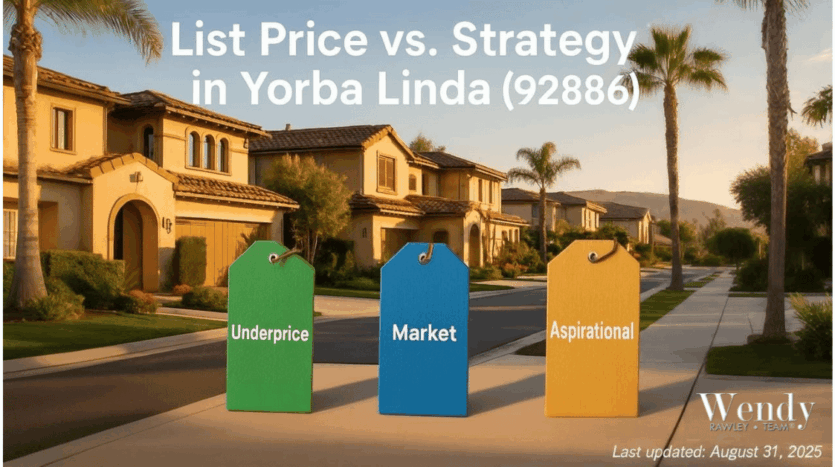 Infographic: List Price vs. Strategy in Yorba Linda 92886—Underprice, Market, and Aspirational price tags on a suburban street at sunset.