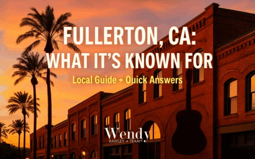 Sunset over palm trees and historic brick buildings in Downtown Fullerton, California, with a subtle guitar silhouette.