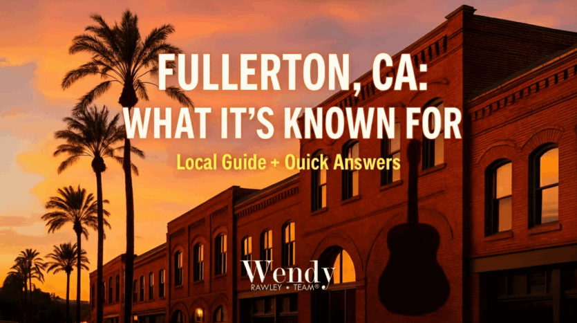 Sunset over palm trees and historic brick buildings in Downtown Fullerton, California, with a subtle guitar silhouette.