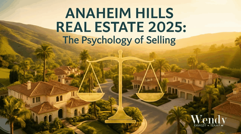 Anaheim Hills luxury homes at sunset with a golden balance scale overlay; text reads “Real Estate 2025 – The Psychology of Selling.