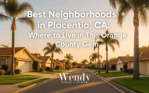 Beautiful suburban street in Placentia CA with palm trees, luxury homes, and manicured lawns in Orange County neighborhood