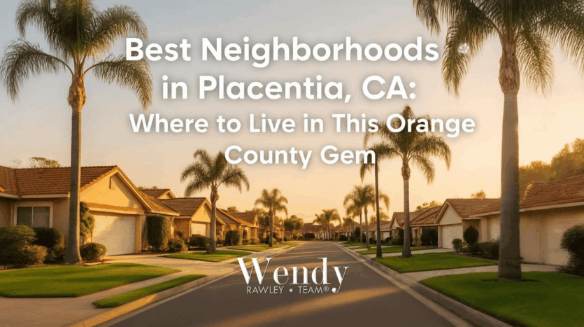 Beautiful suburban street in Placentia CA with palm trees, luxury homes, and manicured lawns in Orange County neighborhood