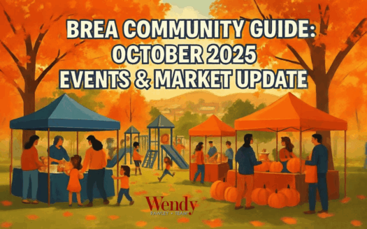 Brea Community Guide October 2025 illustration showing families at fall community event with vendor tents, pumpkins, and playground - Wendy Rawley Team real estate market update