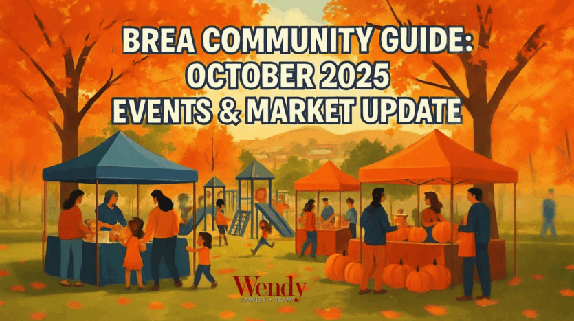 Brea Community Guide October 2025 illustration showing families at fall community event with vendor tents, pumpkins, and playground - Wendy Rawley Team real estate market update