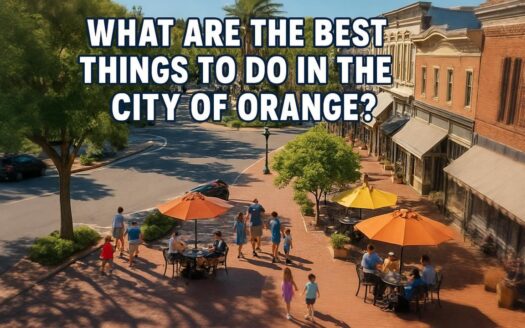 Tree-lined downtown Orange, CA with brick sidewalks and outdoor cafés under orange umbrellas; text asks “Best things to do?”