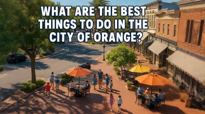 Tree-lined downtown Orange, CA with brick sidewalks and outdoor cafés under orange umbrellas; text asks “Best things to do?”