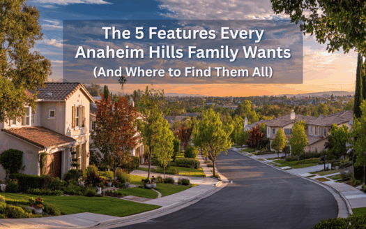 Beautiful suburban neighborhood in Anaheim Hills at sunset with tree-lined streets and family homes.