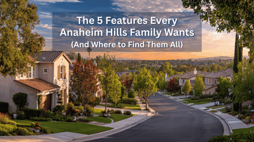 Beautiful suburban neighborhood in Anaheim Hills at sunset with tree-lined streets and family homes.