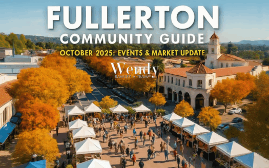Aerial view of Fullerton downtown farmers market with white tents and crowds during fall season, featuring Spanish colonial architecture and golden autumn trees for October 2025 community guide
