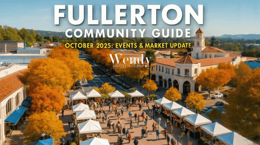 Aerial view of Fullerton downtown farmers market with white tents and crowds during fall season, featuring Spanish colonial architecture and golden autumn trees for October 2025 community guide