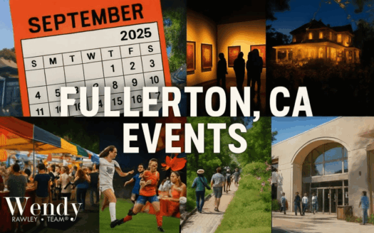Collage with a September 2025 calendar, downtown market, art gallery, historic house at night, soccer match, and arboretum walk; text reads “Fullerton, CA Events.