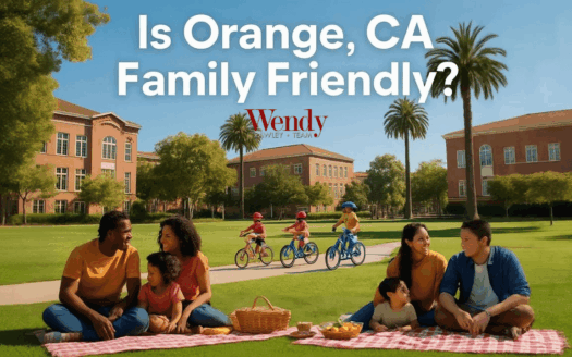 Families enjoying picnics near Chapman University in Orange CA with children biking on safe neighborhood paths