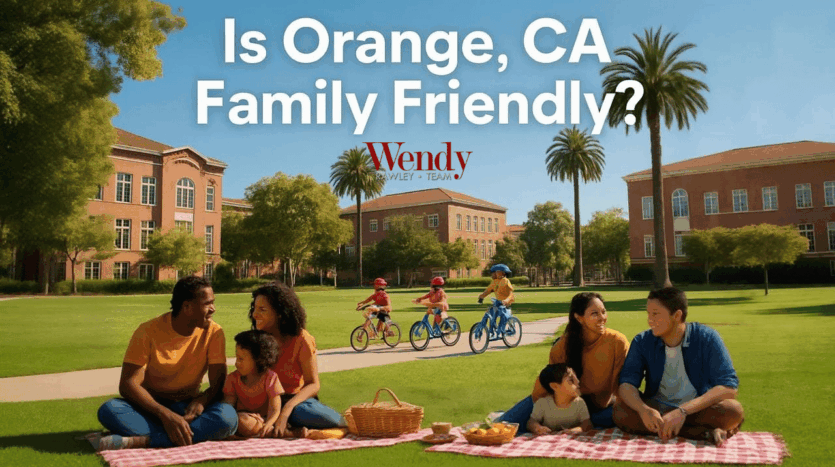 Families enjoying picnics near Chapman University in Orange CA with children biking on safe neighborhood paths