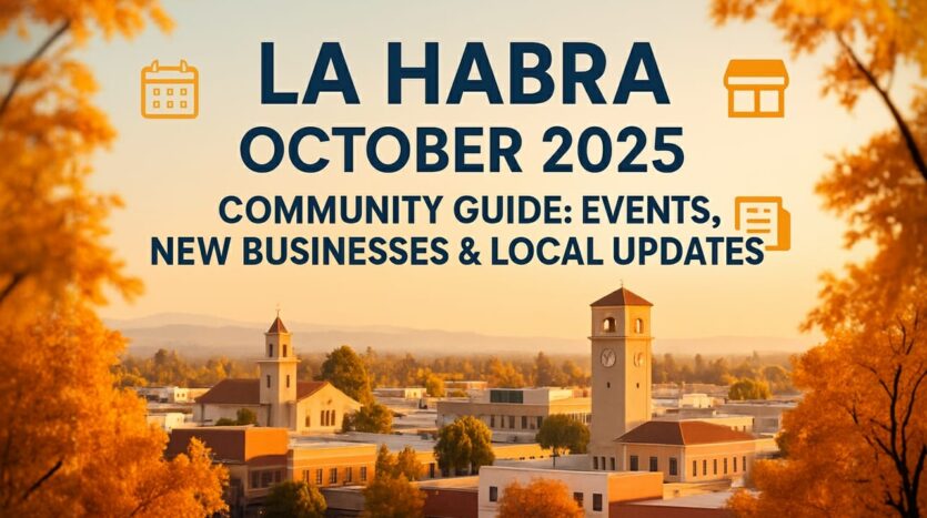 La Habra October 2025 Community Guide featuring autumn cityscape with events, new businesses and local updates text overlay
