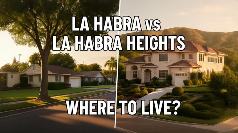 Split image comparing La Habra suburb street and a hillside estate in La Habra Heights with the headline “Where to Live?”