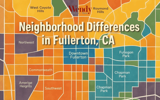 Colorful Fullerton CA neighborhood map showing West Coyote Hills, Downtown, Chapman Park, and other real estate areas