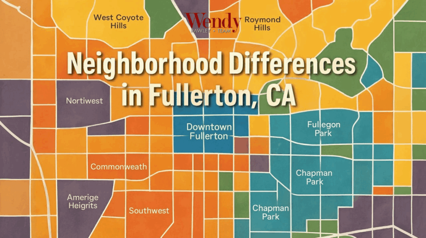 Colorful Fullerton CA neighborhood map showing West Coyote Hills, Downtown, Chapman Park, and other real estate areas