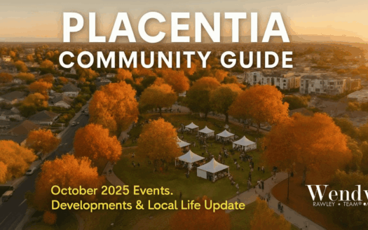 Aerial view of Placentia California community park with fall foliage and festival tents for October 2025 events - Placentia Community Guide by Wendy Rawley realtor