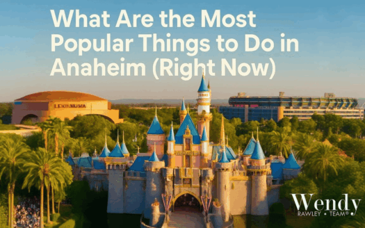 Disneyland castle and Honda Center aerial view showcasing Anaheim real estate location near top attractions