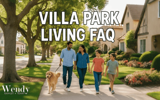 Family walking their dog through a tree-lined street in Villa Park neighborhood with the text ‘Villa Park Living FAQ.
