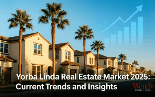 Yorba Linda homes with palm trees and rising market trend arrow showing 2025 real estate market growth by Wendy Rawley Team