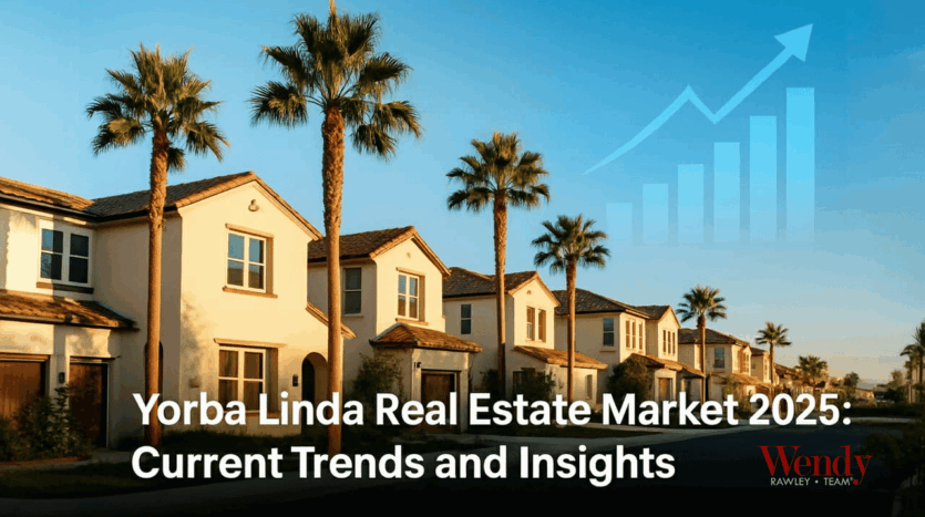 Yorba Linda homes with palm trees and rising market trend arrow showing 2025 real estate market growth by Wendy Rawley Team