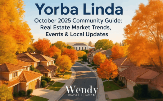Yorba Linda neighborhood street lined with fall-colored trees and suburban homes under a clear sky, promoting the October 2025 Community Guide with real estate market trends, events, and local updates.